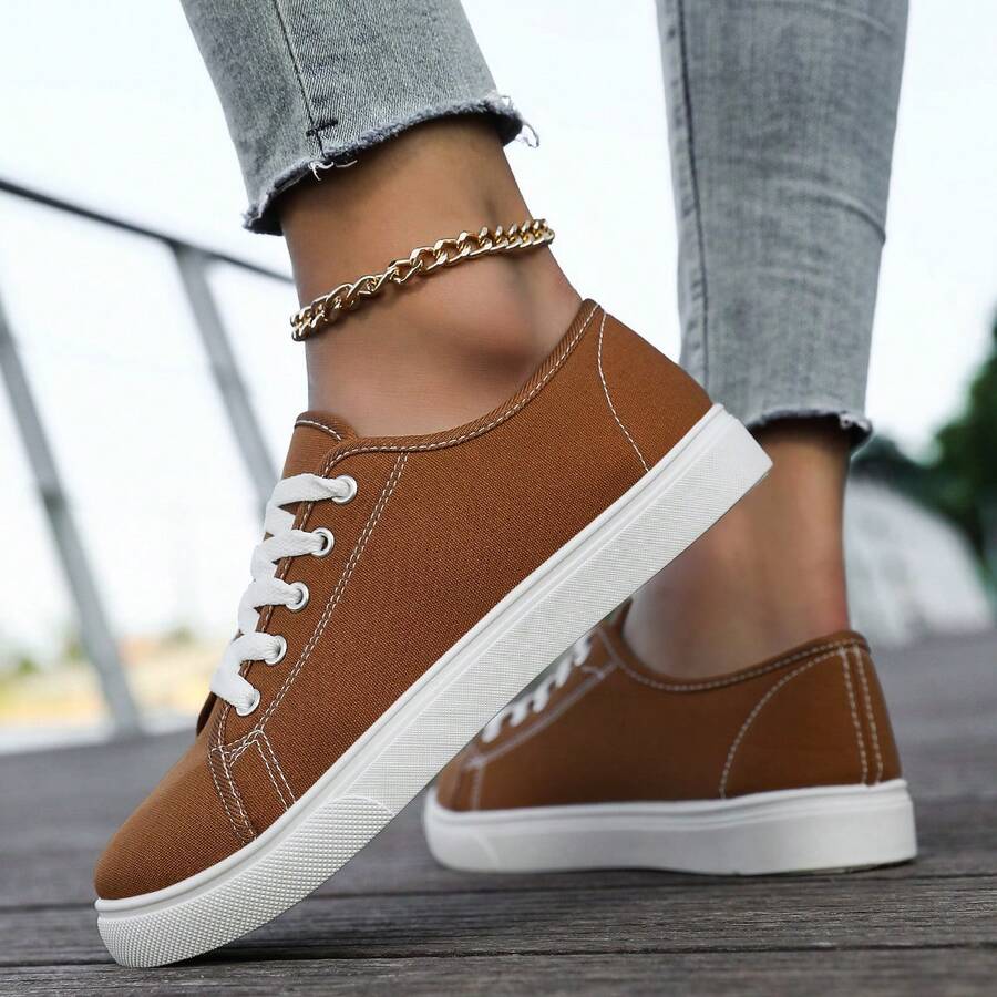 Elegant And Aesthetic New Summer Women's Shoes, Low-Top Lace-Up Sports White Shoes, Women's Fashionable Casual Sports Shoes, Women's Flat Shoes, Student Shoes, Light And Comfortable - Rỉ Nâu - Xem 1