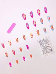 24pcs/Set French Almond Shaped Colorful Dopamine Style 3D Lemon Spots Gold Beads Embellishment Press-On False Nails Nail Art Supplies, Including 1 Jelly Glue And 1 Nail File, Perfect For Women And Girls On Holiday, Date And Daily Wear - Multicolor - View 4