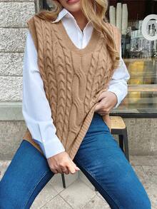 Women's Casual Loose Knitted V-Neck Vest With Cable Pattern, Autumn/Winter (Shirt Not Included) - Khaki - View 1