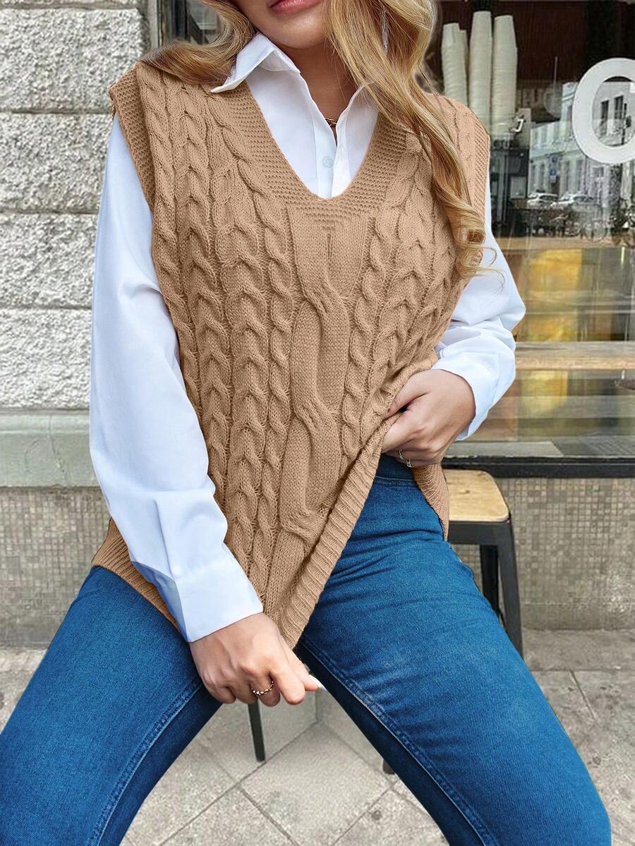 Women's Casual Loose Knitted V-Neck Vest With Cable Pattern, Autumn/Winter (Shirt Not Included) - Khaki - View 1