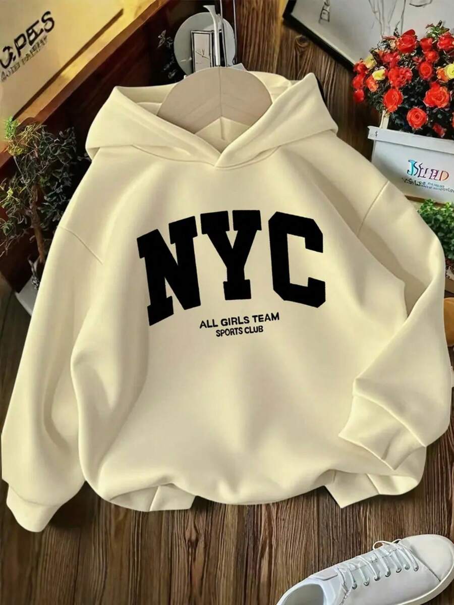 Sudadera hoodie sweatshirt dama mujer gorro capucha encapuchada manga larga algodon bolsa canguro cangurera estampado NY NYC new york nueva york letras ciudad college colegial varsity puños rib acanalados numero casual atletica aesthetic homie cossy casa diario frio ciudad urbana moderna juvenil comoda abrigadora caliente calientita ejercicio pijamada - Crema - Ver 1
