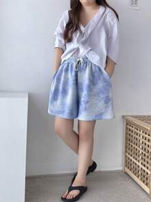 Tie-dye pantalones cortos deportivos casuales femeninos verano suelta versión coreana de la chica picante de cintura alta delgada A-line pantalones de pierna ancha - Azul - Ver 4