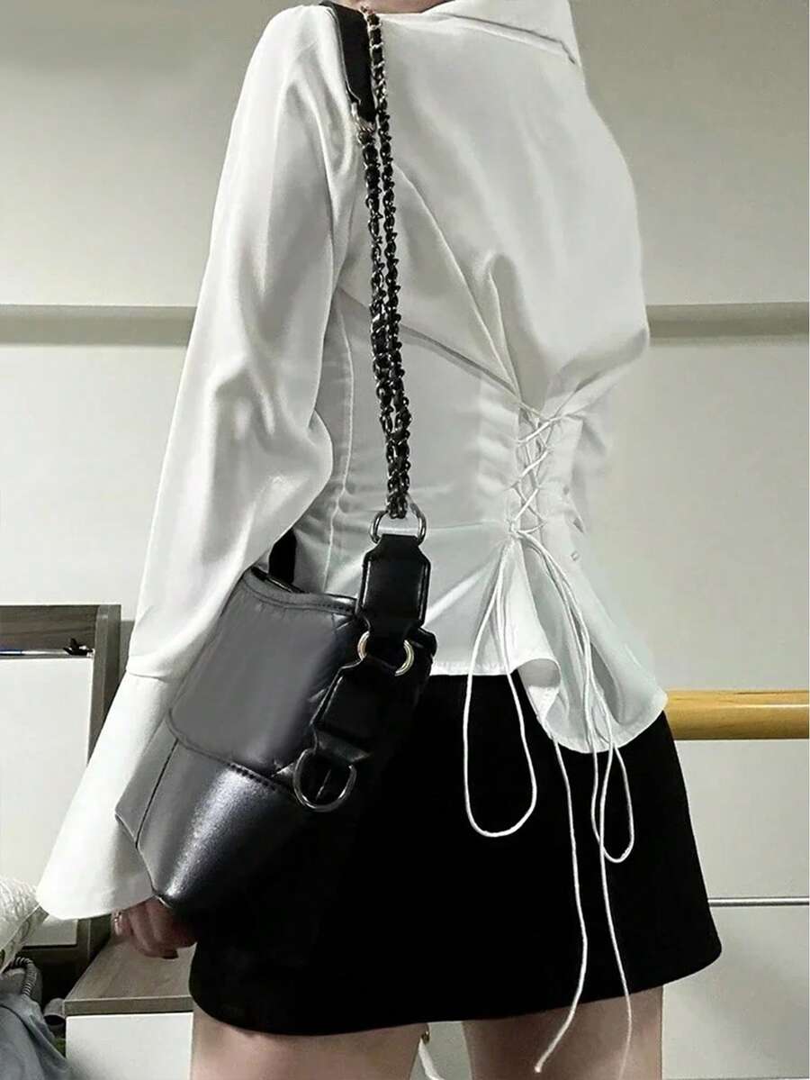 Women's Solid Color Fitted Blouse, Lapel Flare Sleeve Shirt With Waist Tie Design, Office & Casual Fashion White Spring - White - View 1