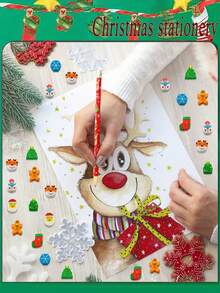 74 支装圣诞卡通铅笔套装（带橡皮），以雪人、圣诞老人、雪花、驯鹿图案为特色，奖品绘图铅笔，创意文具，学生素描，HB 铅笔，用于学习写字返校，创意学生用品，教师办公用品，理想的节日礼物和派对礼物（任何风格） - 彩色 - 查看 7