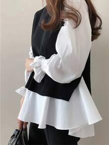 Women's Tops, Korean/Japanese Style, Plus Size, Fall/Winter Hot Item, Two-Piece Set With Knit Vest And Long Sleeve Shirt - Layered Outfit For Every Season - 黑色 - 查看 6