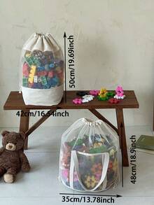 1个大容量物品抽绳收纳袋积木收纳桶网状玩具整理桶帆布书籍整理桶便携式游泳洗漱袋多功能物品收纳袋带提手轻便拼图收纳袋毛绒玩具收纳抽绳袋大号日常洗衣篮儿童物品收纳桶 - 米色 - 查看 10