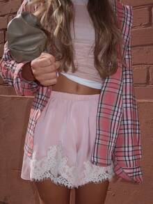 Women's Satin Lace Trim Mini Shorts Y2K Bloomers Shorts Elastic Waist Silk Slip Lounge Casual Going Out Bottoms - 粉色 - 查看 7