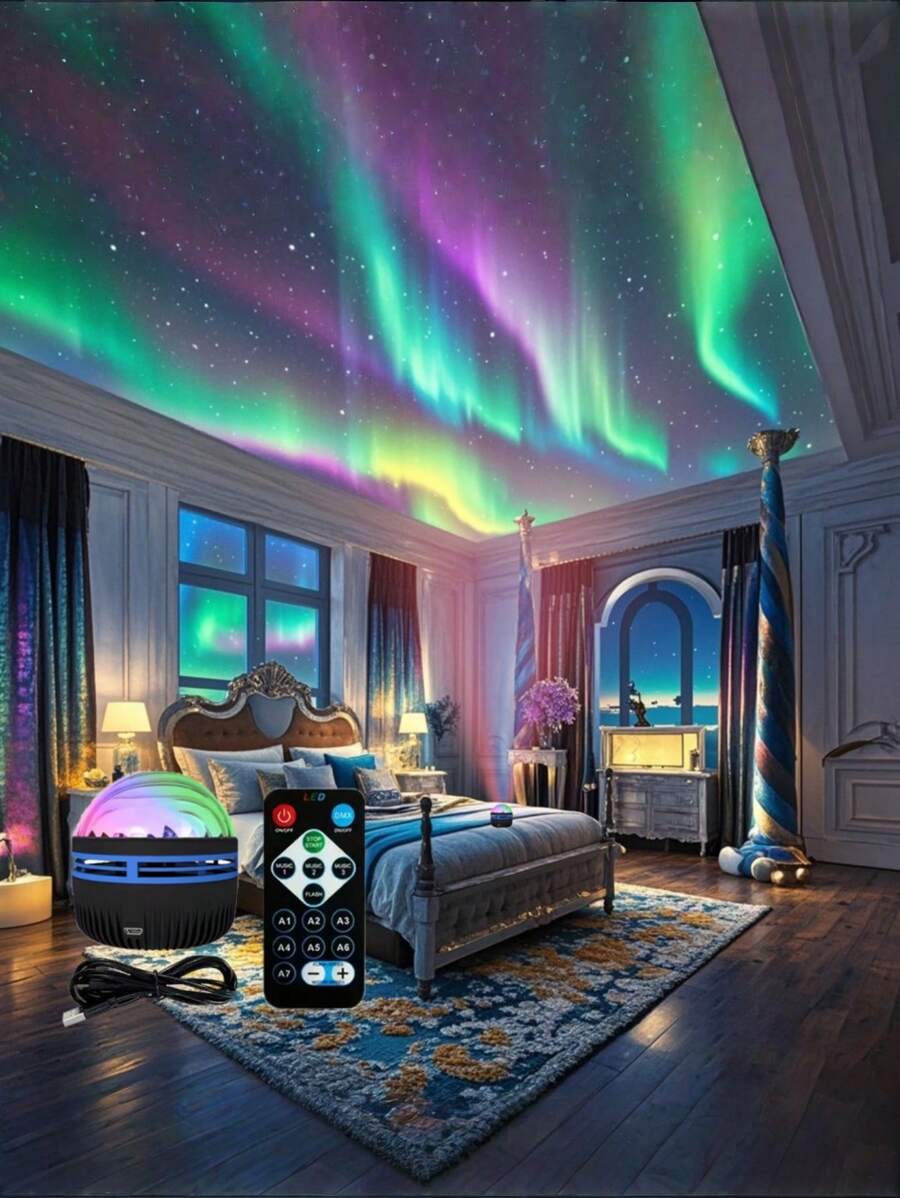 Aurora LED Projector Light With Remote Control - USB-Powered Galaxy & Nebula Ceiling/Desk Lamp, Adjustable Brightness, Aurora Borealis Effect In Pink, Blue, Purple, Green, For Bedroom, Living Room, Home Theater, Office Decor - Modern Astronomy Lighting, Moon And Stars Decor, Ambient Room Lighting, Fantasy Atmosphere, Highquality Lighting, Plastic Construction, Bedroom Lighting