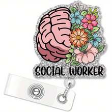 1 Piece Of Social Worker Extendable Silver Glitter Badge Reel Clip, Fun Brain Flower ID Badge Holder, Ideal Gift For Nurses, Doctors, Social Workers, Mental Health Awareness - 1PC - View 1