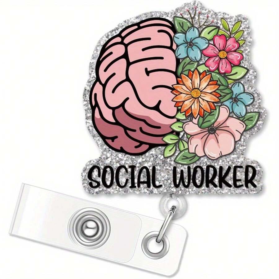 1 Piece Of Social Worker Extendable Silver Glitter Badge Reel Clip, Fun Brain Flower ID Badge Holder, Ideal Gift For Nurses, Doctors, Social Workers, Mental Health Awareness - 1PC - View 1
