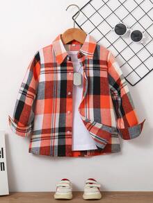 Young Boy Plaid Print Long Sleeve Single-Breasted Casual Shirt, Autumn