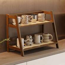 1pc Vintage Freestanding Tabletop Storage Rack, Dual-Tier Shelf, New Chinese Style Multi-Purpose Storage Rack, Kitchen Organizer, Living Room Storage And Organization, High-End Dish Rack, Tea Cup Coffee Mug Organizer, Spice Rack, Display Shelf, Woven Rattan Panel, Quick Draining, Breathable And Moisture-Proof, Suitable For Kitchen, Bathroom, Office, Bedroom, Balcony Decor