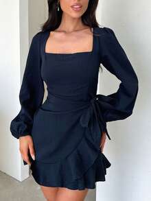 Vestido de manga larga con dobladillo de volantes/dobladillo anudado de tela tejida bohemia de unicolor y elegante, adecuado para citas de noche, primavera y otoño - Azul - Ver 5