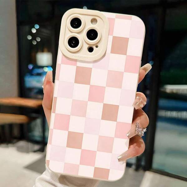 Pink Check Puppet Pattern UV Printing Phone Cover Angel Eyes Phone Case Matte Phone Shell 360 Degree Full Protection For IPhone 11 12 13 14 Pro Max 15 XR X/ XS 7 8 Plus SE Mini For Smartphone Best Gift Birthday Gift Boy & Girl