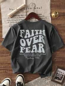 180g Faith Over Fear Christian Graphic-Shirt |   Women's Casual Vacation Bible Verse Tee |   Summer Round Neck Short Sleeve Top Summer-Shirt Women Casual Loose Top Letter Print Tee - 灰色的 - 查看 2