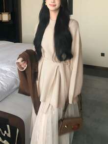 Alicedudu Women's Elegant Long Pullover With Waist Belt Design, Autumn/Winter - Apricot - View 5