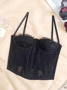 Lace Bustier Corset | Mesh Insert Spaghetti Straps Slim Fit Top - 黑色 - 查看 5