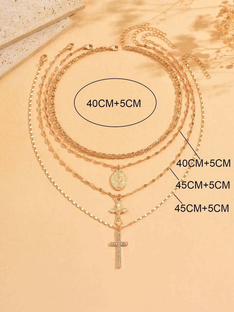 4pcs/Set Vintage Metal Virgin Mary Cross Necklace Set, Fashion Multi-Layer Metal Chain Jewelry Set For Women, Suitable For Daily Wear, Travel And Date, Chain Length Customizable - Multicolor - View 4