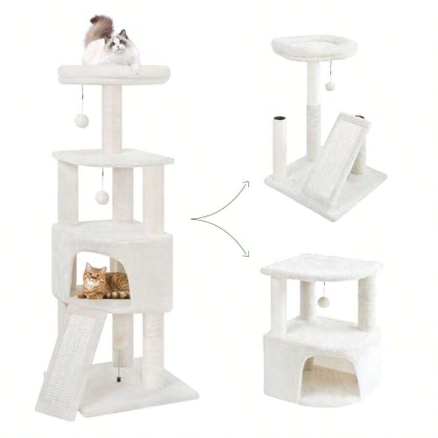 45in Cat Tree Tower With Big Condo For Indoor KittenCat Tower With Scratching Post Scratching Board And Cat Toys MultiLevel Small Space Transformer Cat Tree Beige New - 米色 - 查看 1
