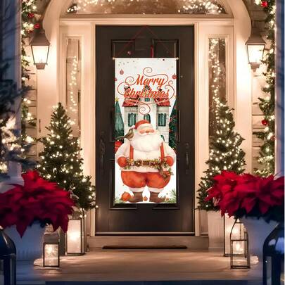 1 pieza/240 piezas Bandera vertical de Navidad de acuarela vintage de 37.4"X15.7", con un Papá Noel regordete, el texto cursivo "Feliz Navidad" y una escena de cabaña de cuento de hadas con nieve, adecuada para la entrada, la chimenea de la sala de estar o la decoración de pared del comedor para crear un ambiente navideño acogedor, que combina con la decoración navideña vintage