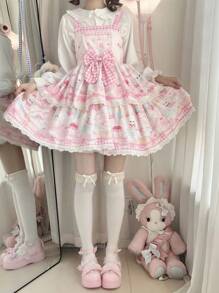 一件洛丽塔风格可爱粉色兔子图案吊带连衣裙，适合节日派对、演出及所有节日（包括情人节）、日常穿着、万圣节、派对等场合。