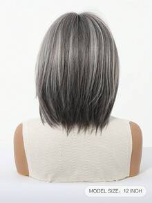 Elegant Mixed Gray Bob Wig With Bangs For Mature Women Natural Synthetic Wig For Gray Use Every Day Wear - Xám - Xem 6