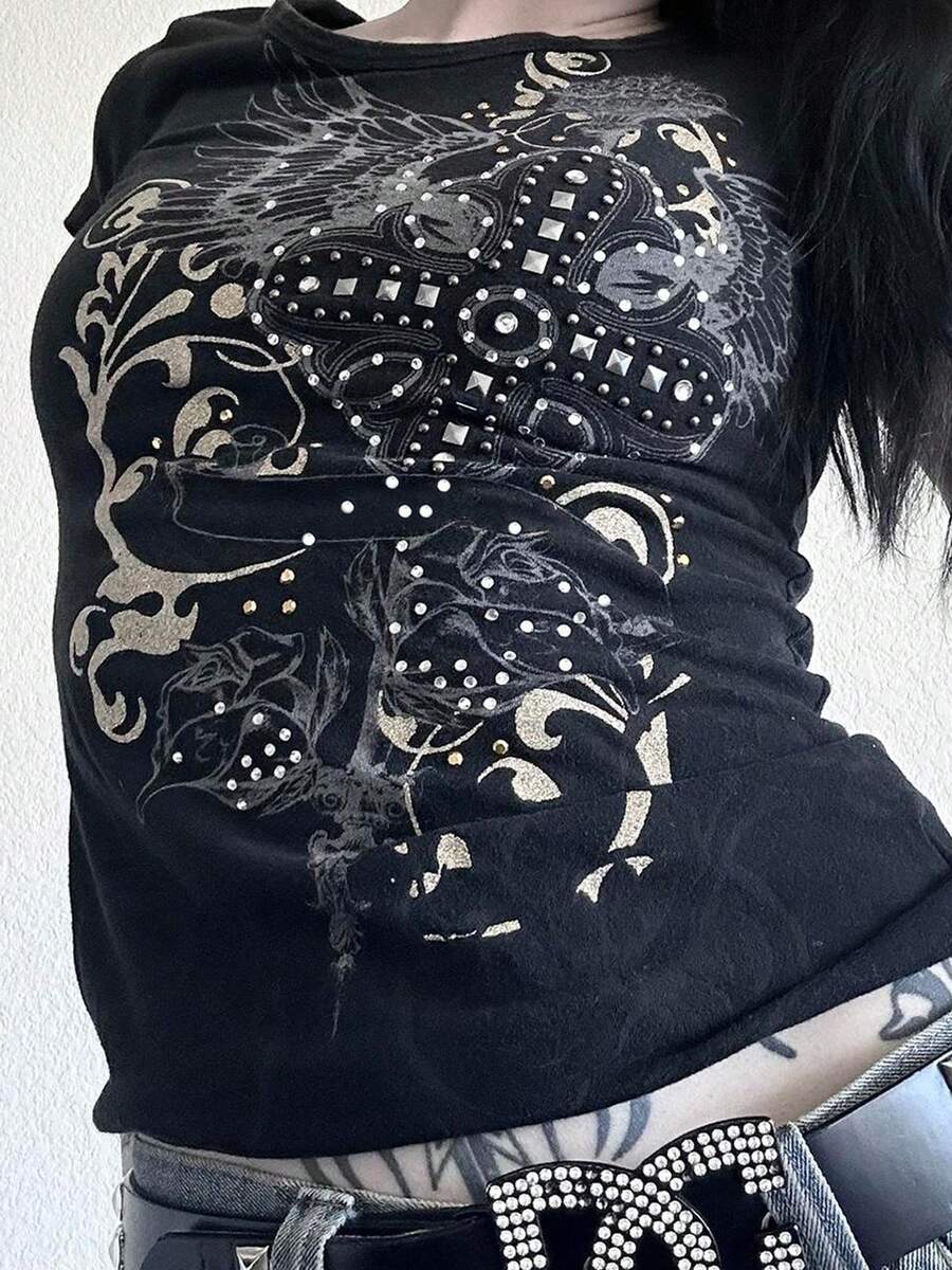 Y2k Grunge T Shirts For Women Gothic Graphic Tees Teens Short Sleeve Emo Vintage Going Out Tops Alt Clothes Streetwear - Màu xám đen - Xem 1