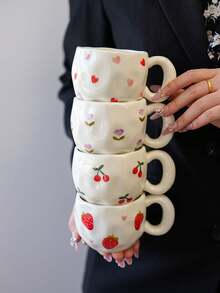 1pc Ins Style Hand-Painted Cherry & Strawberry Ceramic Cup, Asymmetrical Embossed Body, Breakfast Coffee Mug, Girly Desktop Water Cup, Party Afternoon Tea Cup, Red Tea Cup, Large Capacity Water Mug, Coffee Cup - Multicolor - View 13