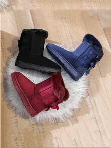 Damskie śniegowce w jednolitym kolorze z kokardką, z podszewką termiczną, ciepłe, krótkie śniegowce, modne, płaskie, miękkie, zimowe buty z puszystą podszewką, antypoślizgowe, wygodne, śniegowce w kolorze czerwonego wina, niebieskiego, czarnego, z futrzanymi butami - Burgund - Zobacz 6