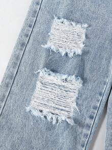 1件装休闲做旧浅蓝色牛仔裤，适合少女穿着，春夏新品 - 淺色水洗藍 - 查看 7