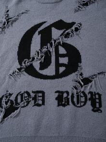 男女皆宜的哥特风复古字母嵌花图案宽松休闲圆领插肩长袖套头毛衣，秋冬季时尚之选 - 灰色 - 查看 6