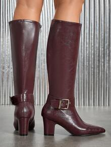 时尚现代扣侧拉链高跟靴，新款西部及膝靴，厚底，带皮带扣 - 酒紅色 - 查看 2