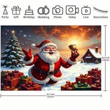 Eine Weihnachts-Kulisse mit dem Weihnachtsmann, Geschenken und verschneiten Szenen, perfekt für festliche Fotografie. Ideal für Partydekorationen, Familienfotos und Winterwunderland-Themen. Sowohl für den Innen- als auch Außenbereich geeignet. Leuchtende Farben für Weihnachtsdekorationen.