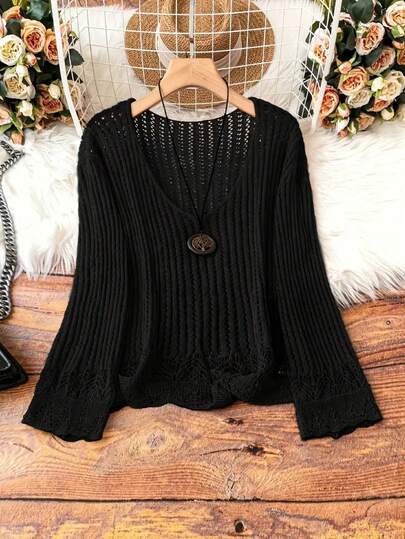 Women's Long Sleeve Solid Color Lace Patchwork Sheer Hollow Out Sweater