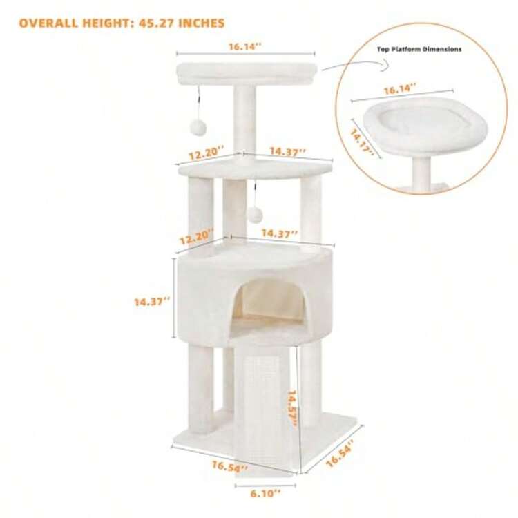 45in Cat Tree Tower With Big Condo For Indoor KittenCat Tower With Scratching Post Scratching Board And Cat Toys MultiLevel Small Space Transformer Cat Tree Beige New - Màu be - Xem 3