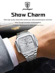 POEDAGAR Luxury Square Stainless Steel Date Day Quartz Wristwatch, Business Waterproof Luminous Men's Watch, Casual Men's Wristwatch, Suitable For Daily Occasions, Men's Birthday Gift