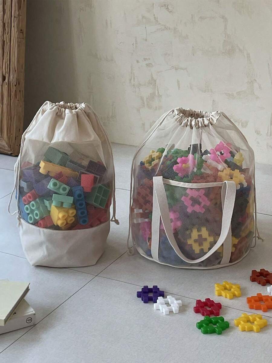 1个大容量物品抽绳收纳袋积木收纳桶网状玩具整理桶帆布书籍整理桶便携式游泳洗漱袋多功能物品收纳袋带提手轻便拼图收纳袋毛绒玩具收纳抽绳袋大号日常洗衣篮儿童物品收纳桶 - 米色 - 查看 1