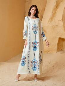 女士印花圆领钻石和珍珠装饰长袖 Jalabiya 连衣裙，优雅而端庄 - ZD040 - 查看 5