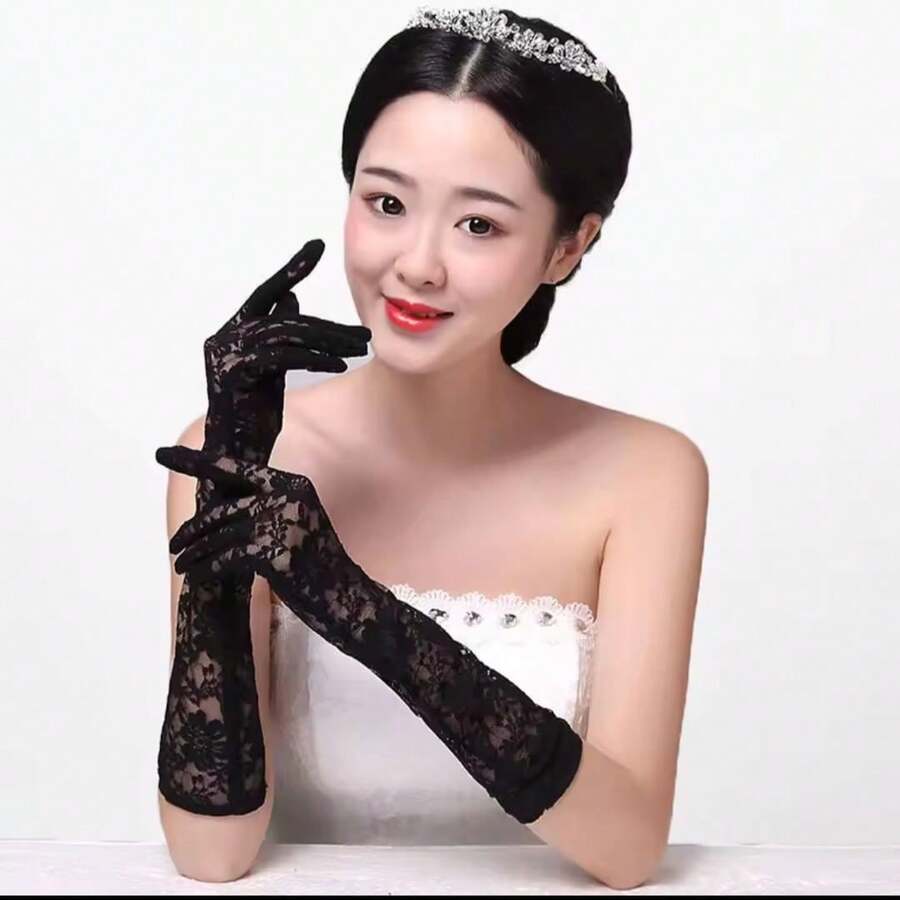 Party Glove Wedding Debutante Lace Satin Lycra Satin Halloween - 長款黑色蕾絲 - 查看 1
