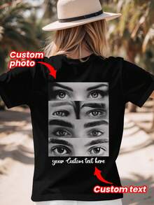 Customized Photo T-Shirt, Personalized Women's T-Shirt - Add Your Favorite Photo And Text (Girlfriend Photo/Couple Photo/Family Photo/Selfie/Pet Photo/Friend Photo) Black Summer - Black - View 1