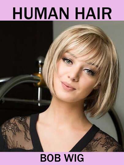 Bob Wig With Bangs 8 Inch Short Bob Wigs For Women Heat Resistant Real Human Hair Wig Natural Looking For Daily Use #12P613