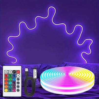 1pc Neon RGB LED Strip Light Flexible Silicone Neon Light Multi-Color Changing-USB Powered With Remote Control Suitable For Bedroom, Living Room, Kitchen And Christmas Theme Decoration,Luz Led ,Led Lights,Wall Decorative Lights,TV Background Decoration, Holiday Decoration, Halloween, Christmas