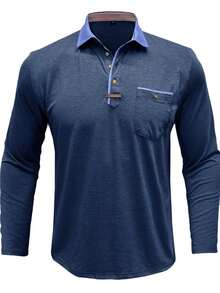 Men Plus Size Long Sleeve Polo Shirt, Fashionable Turndown Collar Pocket Henley Top, Fall