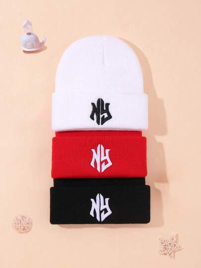 3-Pieces Cute Knitted Caps For Babies, Girls And Boys, New York Lettering Embroidery For Autumn And Winter, Warm And Cozy. The Cute NY Letter Embroidery Design Is The Perfect Choice For Keeping Babies Warm, Outdoor Games And Party Gifts