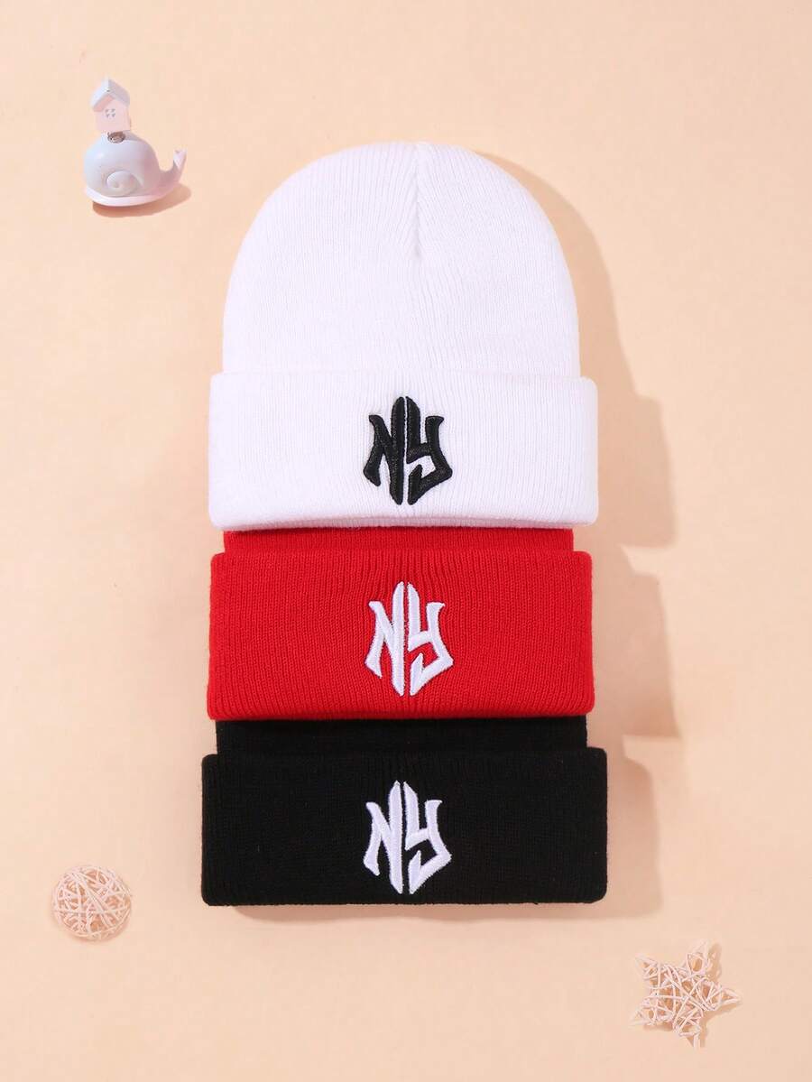 3-Pieces Cute Knitted Caps For Babies, Girls And Boys, New York Lettering Embroidery For Autumn And Winter, Warm And Cozy. The Cute NY Letter Embroidery Design Is The Perfect Choice For Keeping Babies Warm, Outdoor Games And Party Gifts