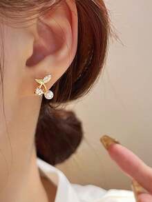 1 Pair Cherry Stud Earrings - Rhinestone & Faux Pearl Floral Design, Dainty Women's Jewelry For Daily Wear & Special Occasions - Vàng - Xem 2