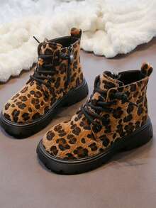 2026 New Leopard Print Faux Fur Ankle Boots For Kids, Unisex Non-Slip Rubber Sole, School Party Winter Casual Versatile Kids Shoes - Brown - View 8