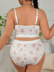 Conjunto de sujetador inalámbrico con estampado floral blanco para mujer, brasier cómodo y sexy de talla grande - Multicolor - Ver 3