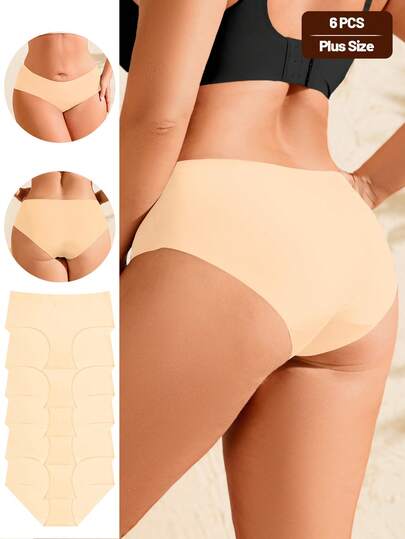 Calcinhas de biquíni plus size com 6 peças, respiráveis, invisíveis, macias e sem vinco, para mulheres, roupa íntima e lingerie feminina, damasco