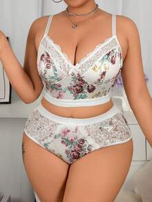 Conjunto de sujetador inalámbrico con estampado floral blanco para mujer, sujetador sexy y cómodo de talla grande - Multicolor - Ver 2